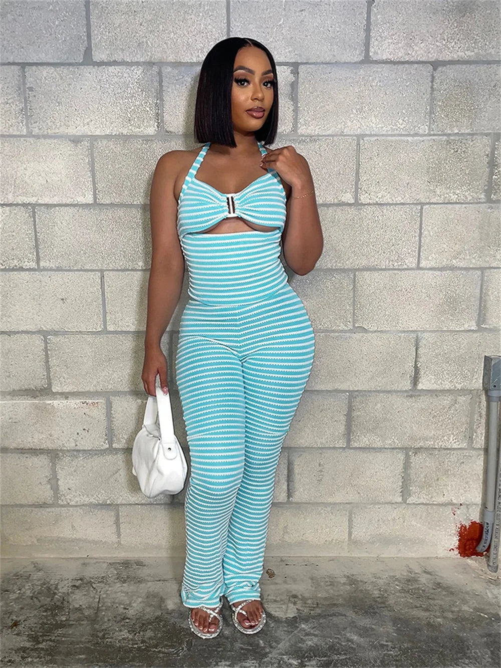 Sexy Crochet Stripe 2 Piece Set Women Hollow Halter Metal buckle Tank Top+Skinny Stretch Pants matching Streetwear