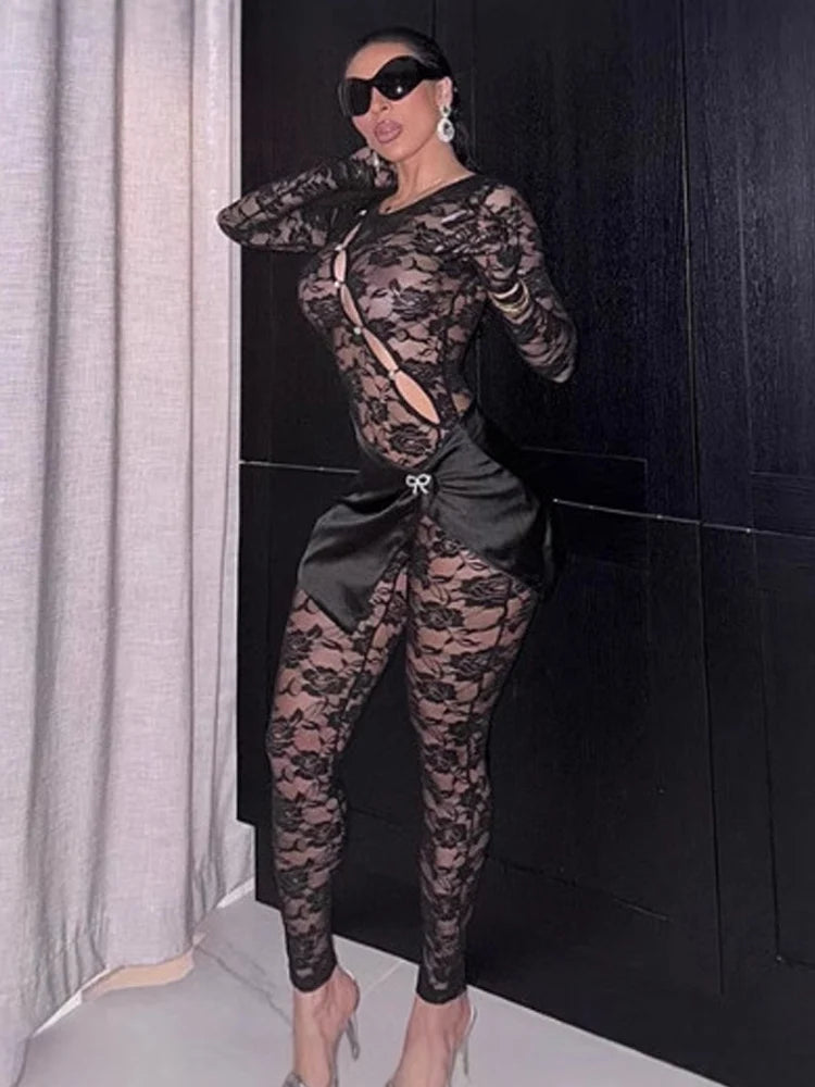 Lace Hollow Button Jumpsuits Women Long Sleeve Gloves Bow Metal Trim Button See Through Midnight Sexy Skinny Overalls