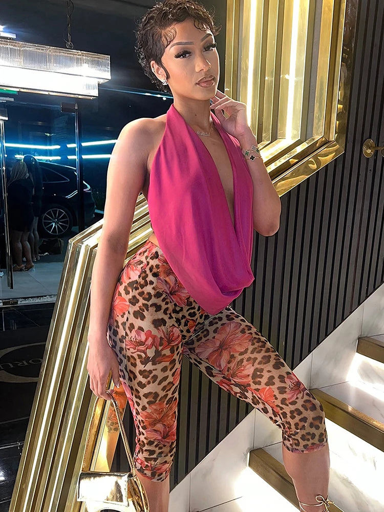 Halter Women 2 Piece Set Halter Swing Collar Backless Tank Tops+Leopard Print Bike Shorts Stretch Matching Clubwear