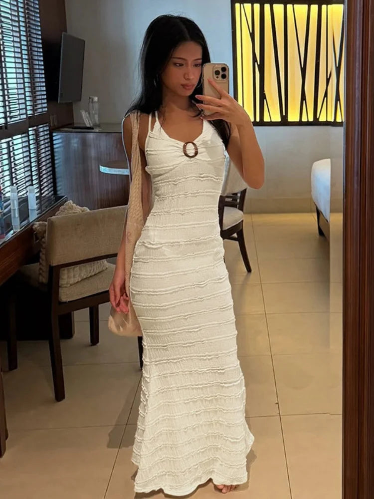 Halter Backless Frilly Long Dresses Vacation Outfits Woman Elegant Sexy Beach Dress Boho Chic Clothes 2025