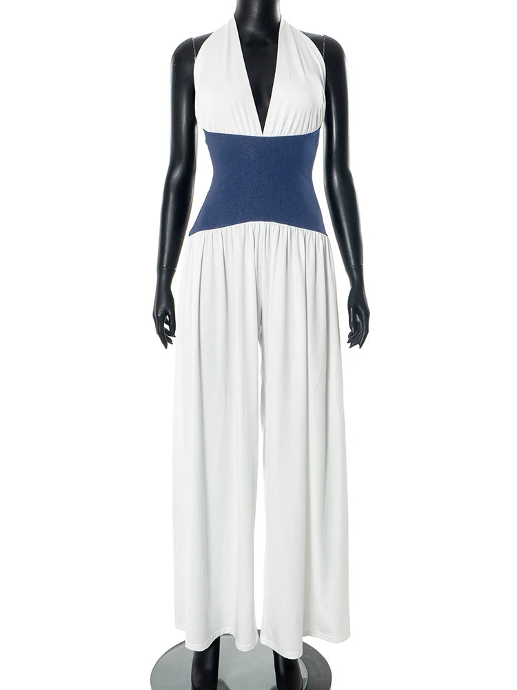 Contrast Patchwork Wide-Leg Jumpsuit Women Lace-Up Halter Low-Neck Backless Sleeveless Zipper Ruched Fashion Overalls