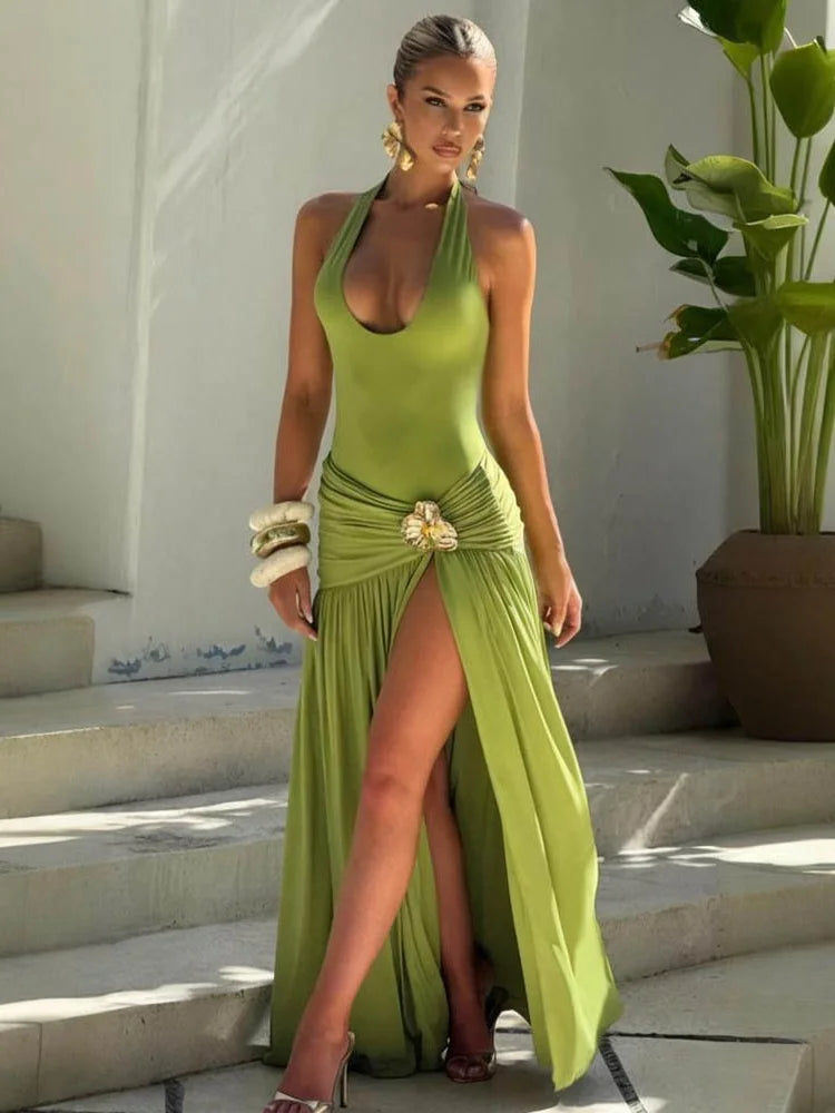 2 Piece Summer Sets Halter Backless Bodysuit Top and Split Long Skirts Elegant Sexy Woman Vacation Outfits