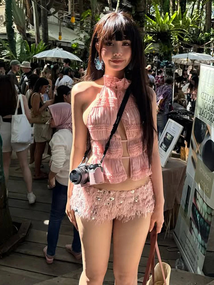 Sweet 2-Piece Set Women Backless Edible Tree Fungus Lace-Up Ruched Hollow Thin Tank Top+Furry Sequins Shorts Clubwear