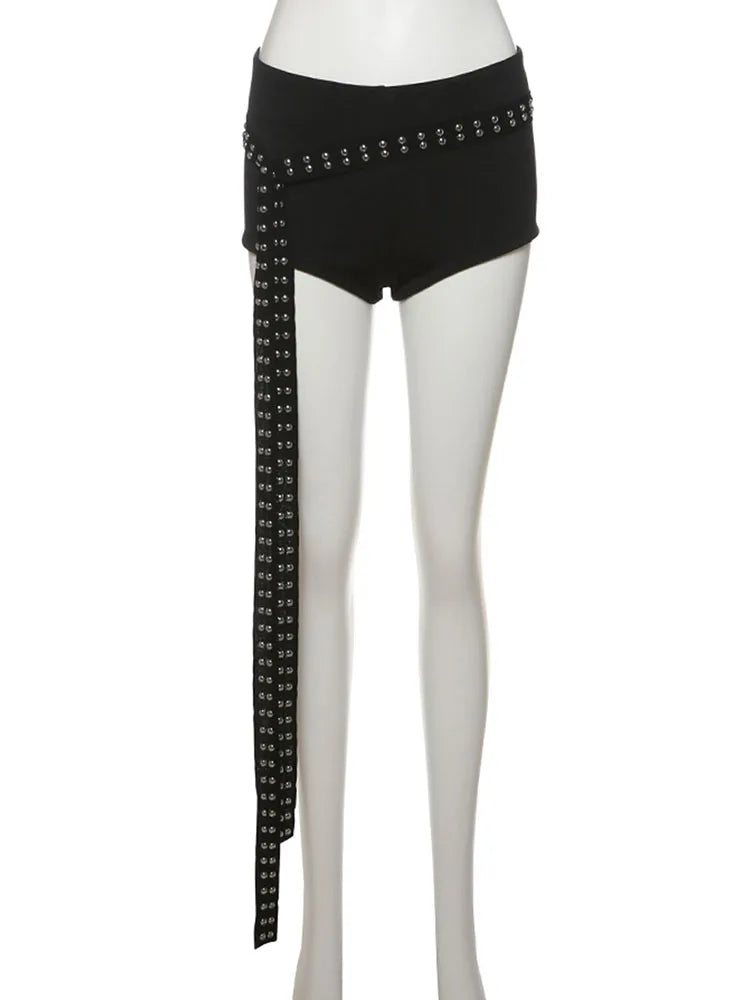 Sexy Hipster Hollow 3-Piece Set Women Biased Collar Backless Tank Tops+Rivet Waistband+Simple Shorts Midnight Suit