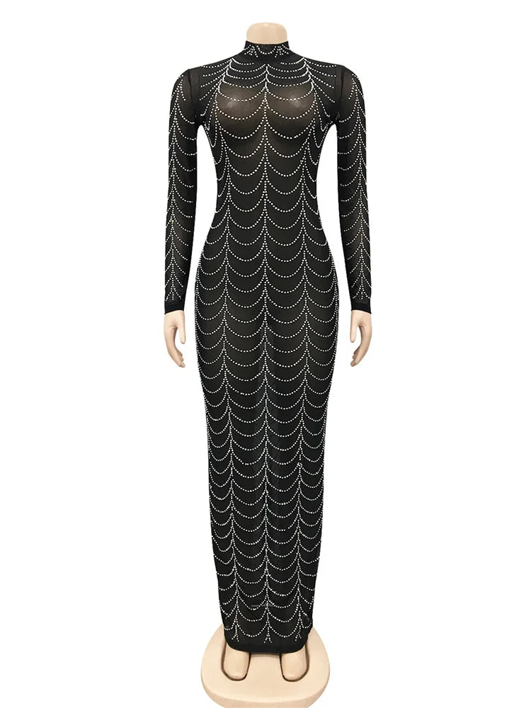 Mesh See Through Long Dress Women Rhinestones Decoration Full Sleeve Skinny Wrap Hip Midnight Sexy Coquette Vestidos