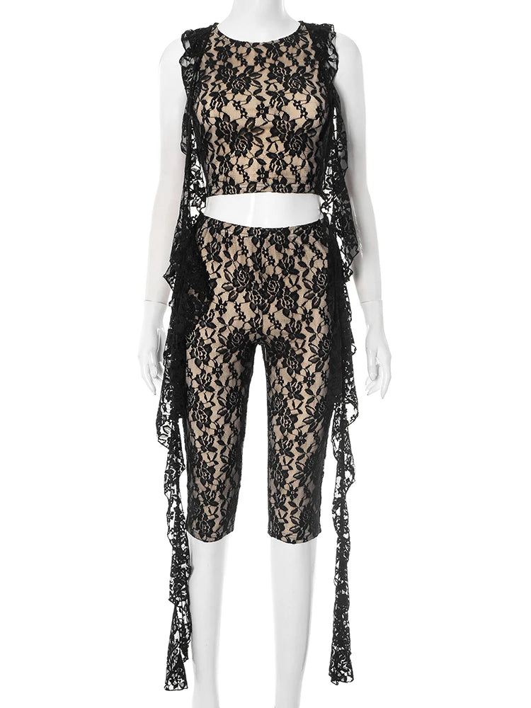 Jacquard Sexy Women 2 Piece Set summer Y2K Tassel Double Deck Tank Tops+Bike Shorts Hipster Club Chic Matching Suit