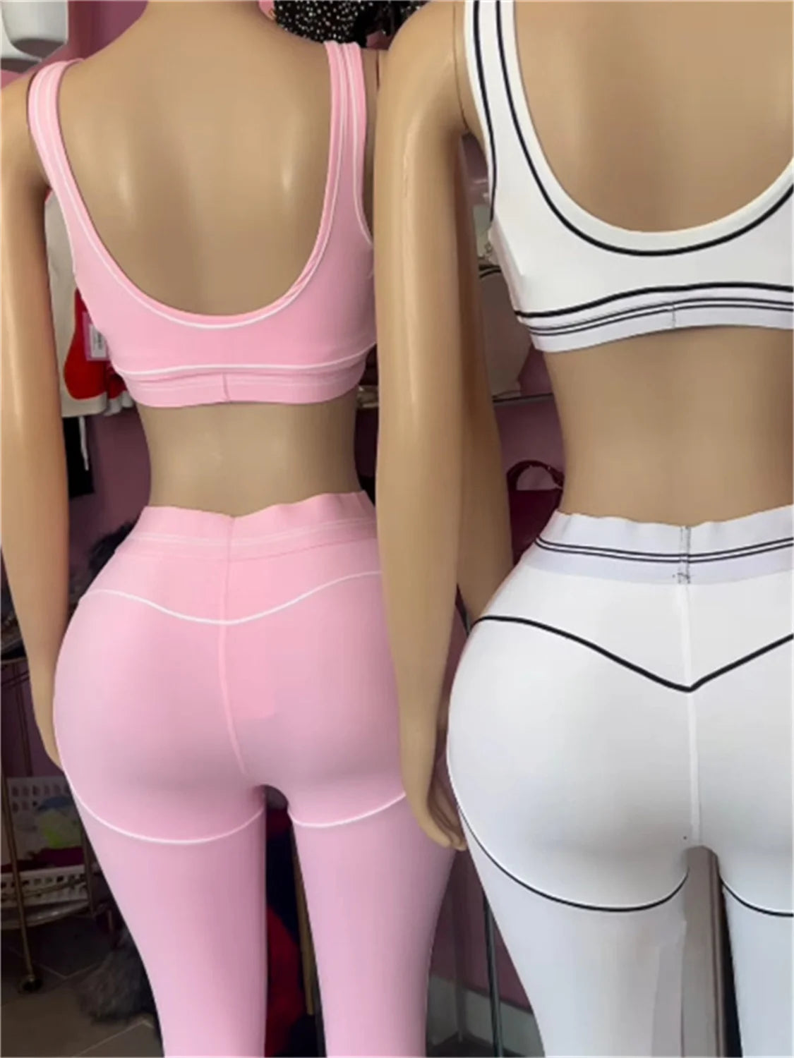 Casual Sporty 2 Piece Set Women Tracksuit Patchwork Stretch Tank Top+Leggings Stripe Matching Street Skinny Outfits