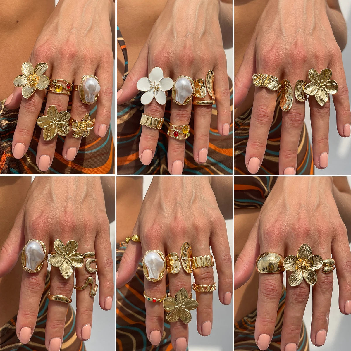 2025 New Fashion Metal Flower Open Rings for Women Creative Baroque Imitation Pearl Rings Y2K Bridal Wed Jewelry Gift