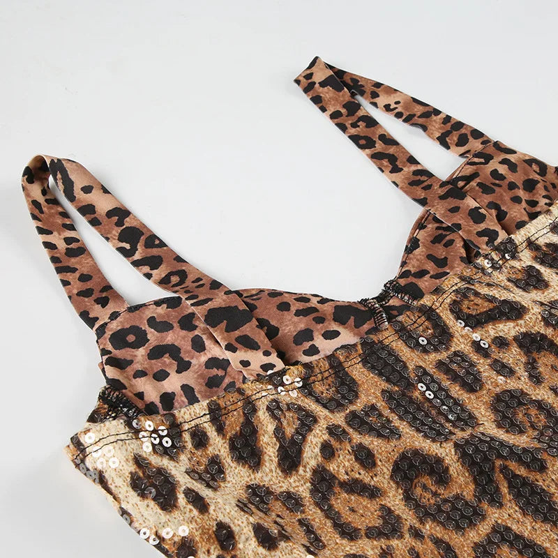 Leopard Print Sequined Evening Dresses Deep V Neck Sleeveless Backless Mini Dress Chic Summer Club Outfits