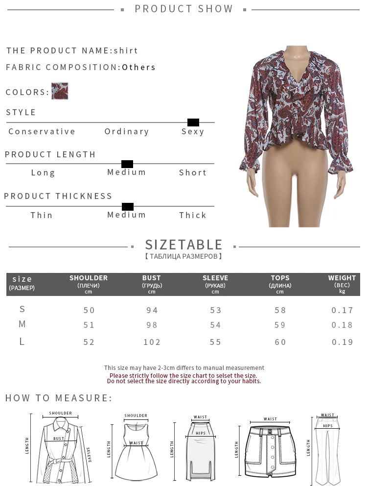 Asymmetrical Hem Art Print t-Shirt Women Ruffles v-Neck Flare Sleeve Autumn Fashion Music Festival Chic Daily Streetwear
