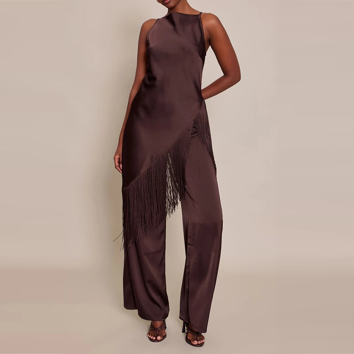 Women Summer Satin Camisole Casual Solid Asymmetrical Tassel Spaghetti Straps Long Tank Tops Club Vacation Streetwear