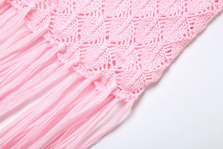 Crochet Elegant Dress Women Halter Low-Neck Backless Splits Ruched Tassel Vacation Fashion Beach Party Long Bodycon