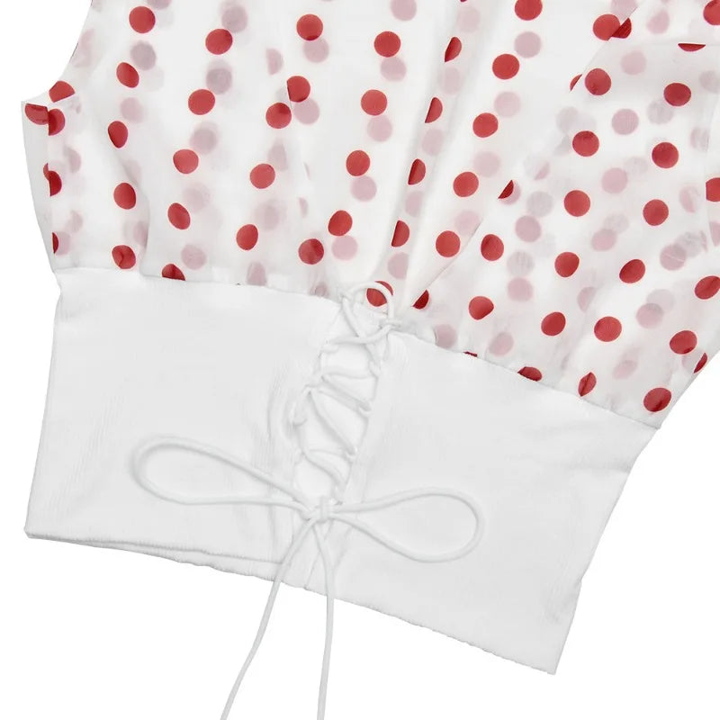 Polka Dot Chiffon Shirts for Woman Summer Sexy Patchwork Lace Up Sleeveless Backless Crop Tops