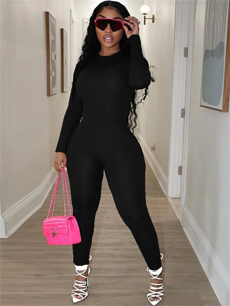 Tracksuit 2 Piece Set Women Stretch Fall o-Neck Long Sleeve Tops+Tight Leggings Simple Classic Sporty Matching Suits