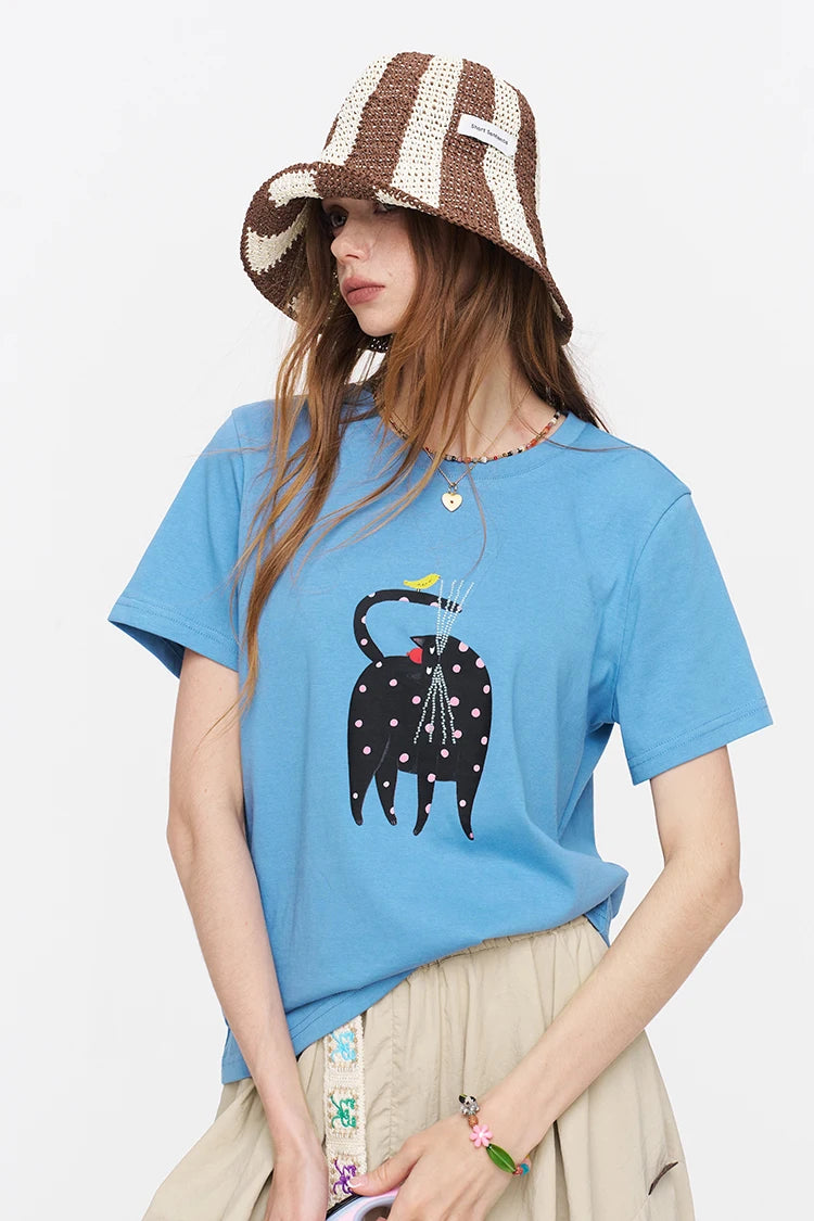 Cat Print Short Sleeve T-Shirt, Casual Round Neck Tee, Basic Daily Top for Women