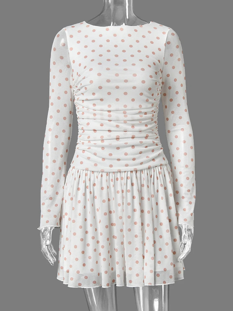 Women Polka Dot Mini Dress Long Flare Sleeve Round Neck Mesh Ruched Waist Pleated A‑Line Short Party Casual Dresses