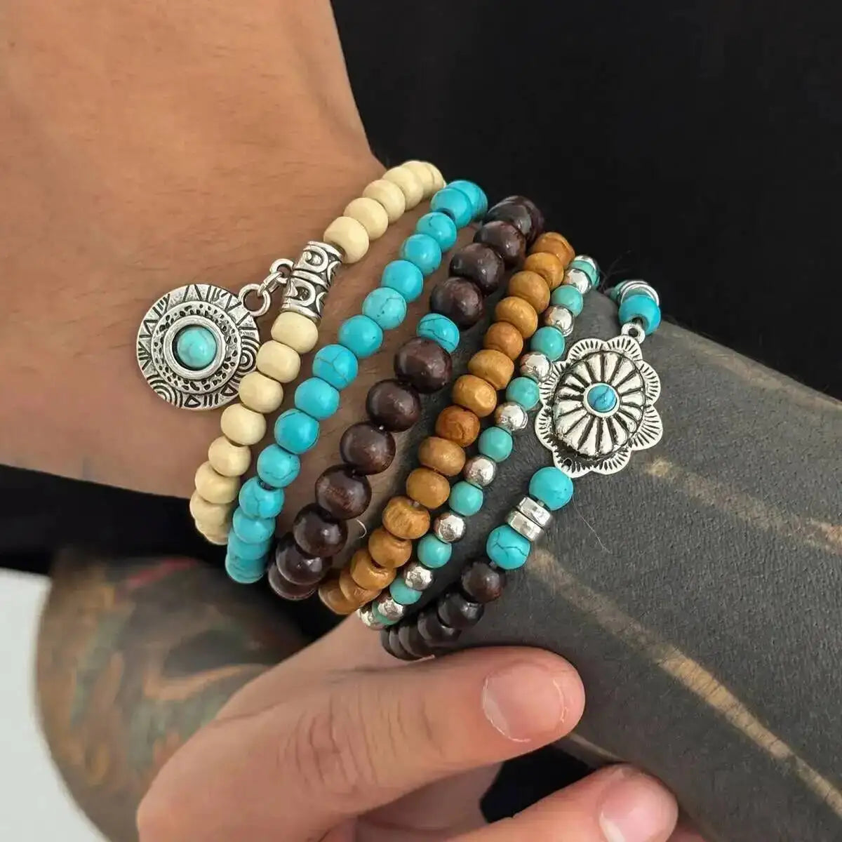 4 Styles Ethnic Boho Wooden Beads Chain Bracelets for Men Vintage Cactus Coin Pendant Elastic Bangles Couple Jewelry