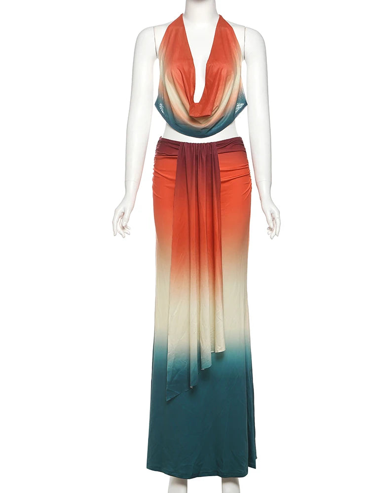 Sexy Colorful 2 Piece Set Women See Through Halter Tank Tops+Ruched Stretch Maxi Skirts Matching Midnight Clubwear