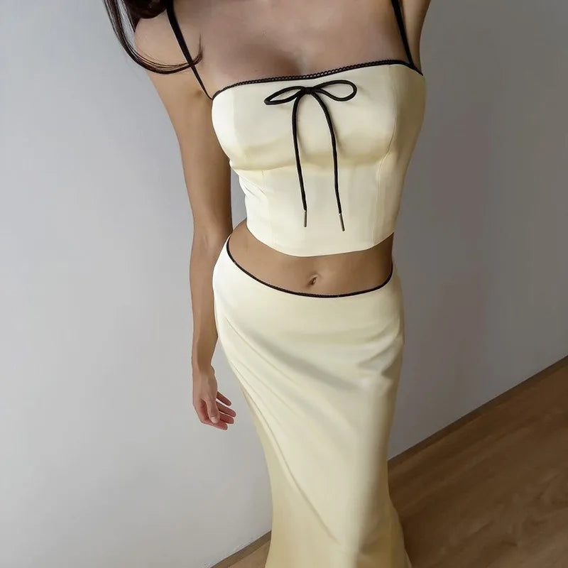 Satin Two Piece Set Crop Top and Maxi Skirt Sets Sexy Summer Outfits Women Elegant Party Dresses