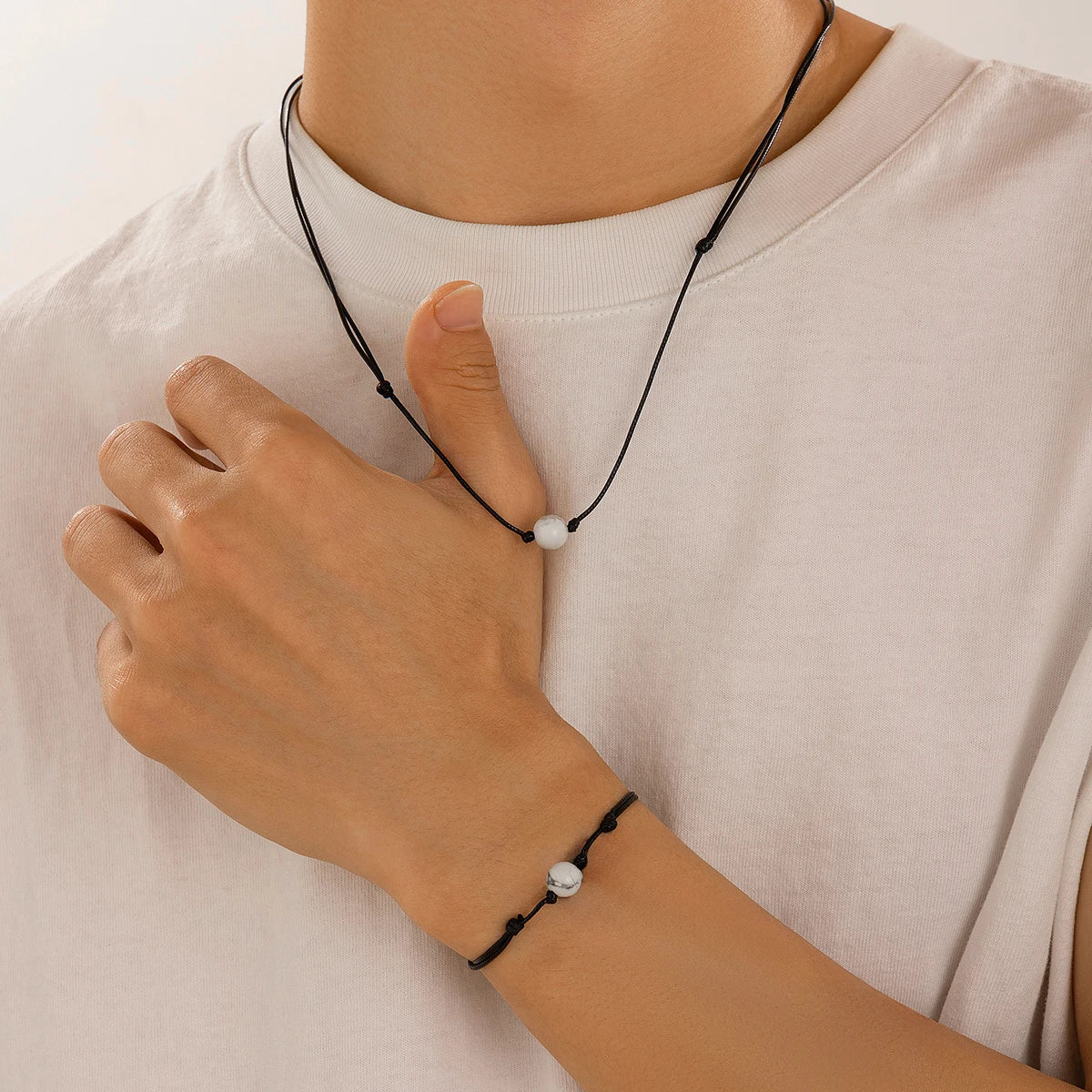 2Pcs Goth Simple Black Leather Wax Thread Chain Necklace Bracelet for African Men Stone Beads Choker Male Jewelry Set
