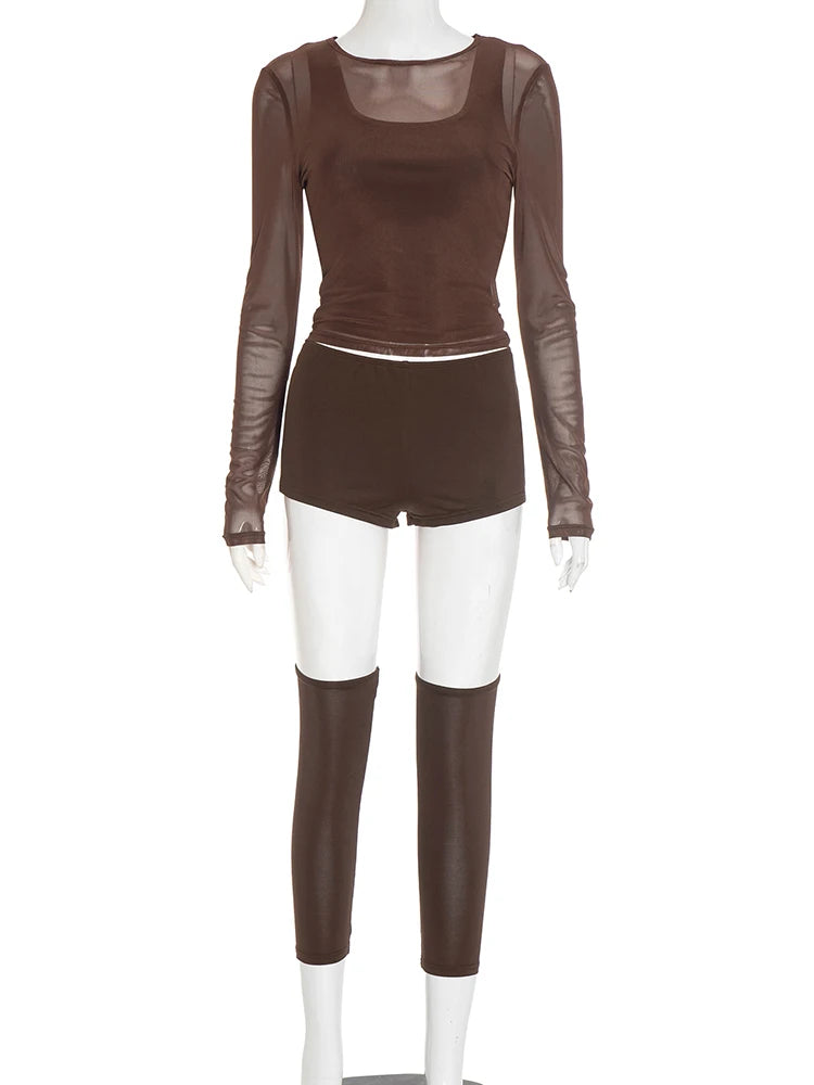 Sexy Casual 3 Piece Set Mesh Full Sleeve o-Neck Crop Tops+Shorts+Foot Cover Matching Autumn Trend Streetwear Outfits