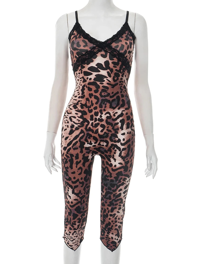 Sexy Camis Romper Women Lace Leopard Print Patchwork Skinny Stretch Sexy Clubwear Workout Midnight Playsuit Overalls