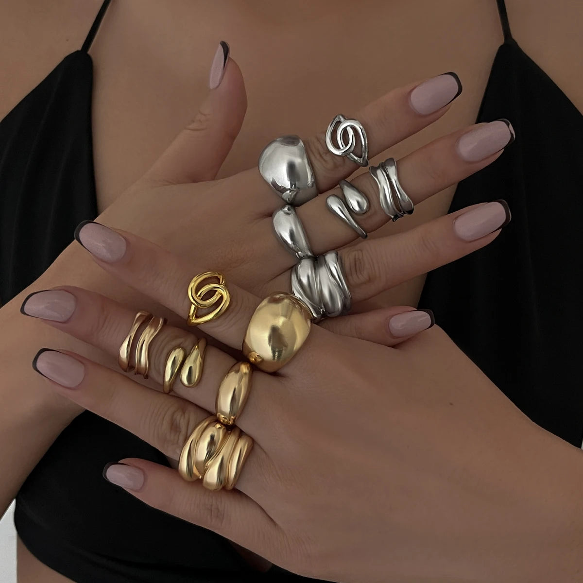 Trendy Exquisite Irregular Geometric Rings Set Women Creative Simple Metal Opening Finger Ring Aesthetics Jewelry Gift