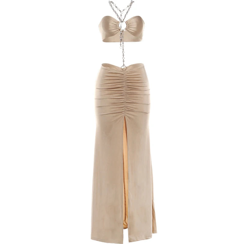 Pearl Metal ring Chain Halter Dress Women Fashion Backless Ruched Hollow High Sti