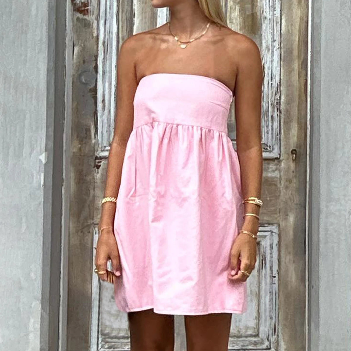 Vintage Y2K Inspired Women Strapless Linen Babydoll Dress A Line Flared Hem Tube Top Sundress for Casual Summer Outings