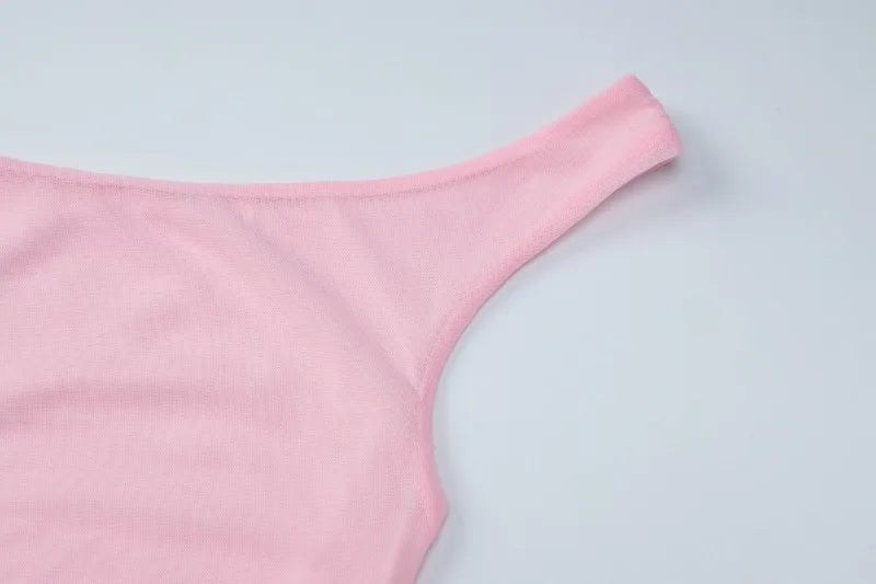 One Shoulder Fishtail Maxi Dress for Woman Elegant See Through Mesh Patchwork Pink Party Dresses