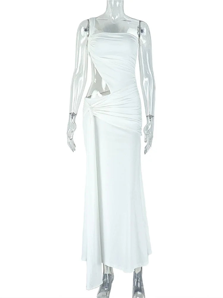 Irregular Hollow One Shoulder Maxi Dress Women Skew Collar Backless Ruched Kink Ribbon Prom Party Elegant Vestidos