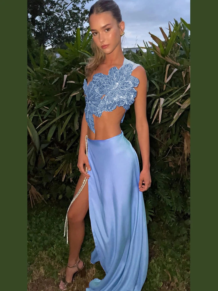 White Sexy 2 Piece Sets Women Party Outfit Sequined 3d Floral-applique Lace-up Crop Top Split Long Skirt Set