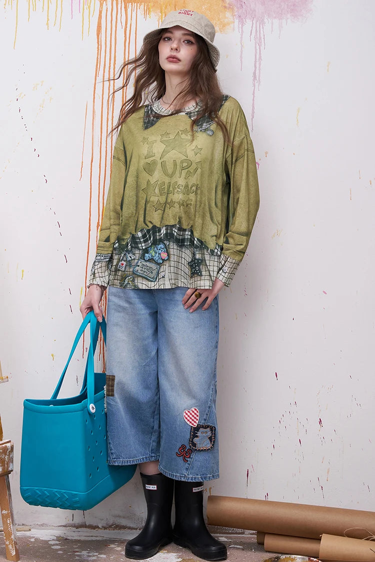 Plaid Patchwork Fake Two-Piece Sweatshirt with Star Print for Women