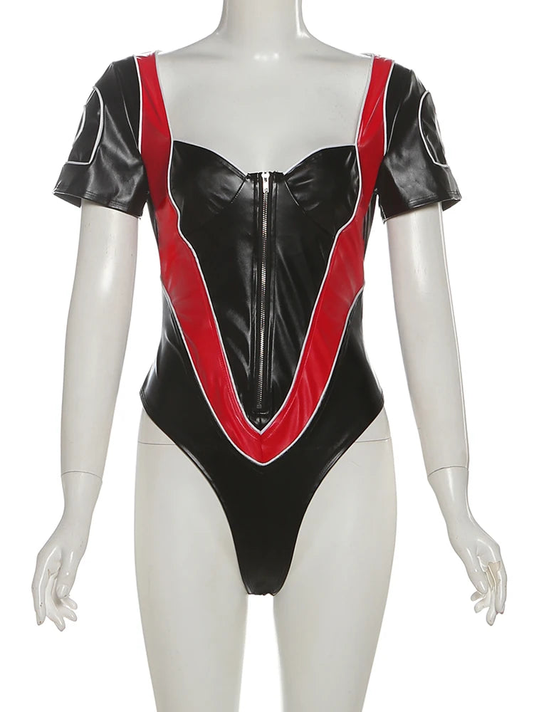 Patchwork Hipster 2Piece Women Faux Leather Long Gloves+Low-Neck Zip Skinny Bodysuits Sexy Music Festival Streetwear