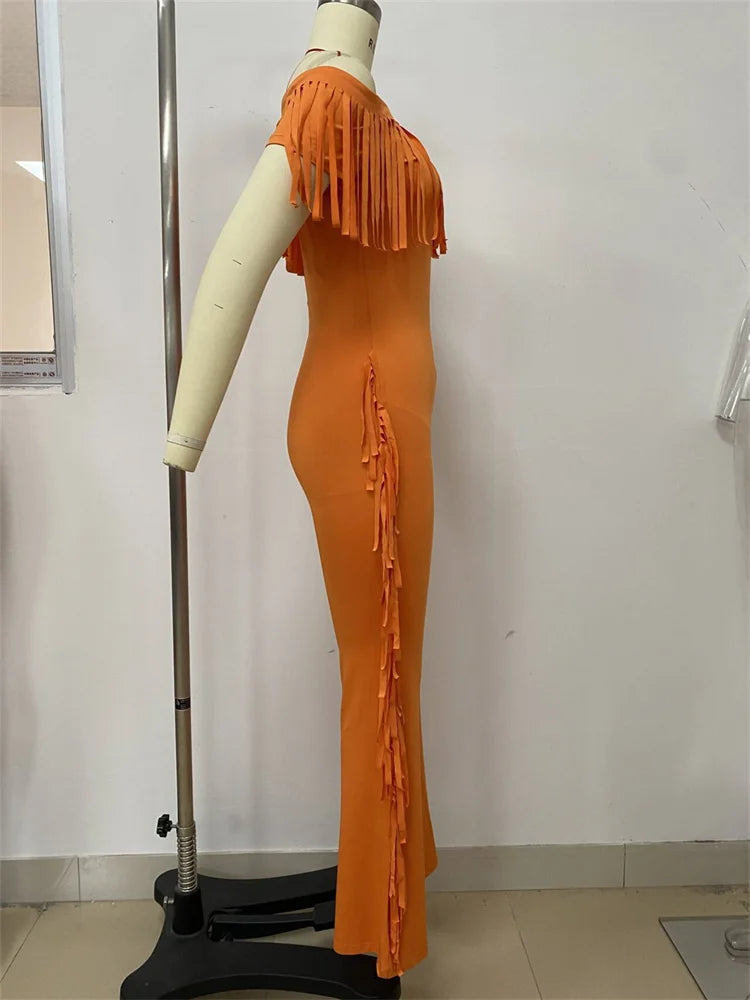 Tassel Patchwork Jumpsuits Women Slash Neck Short Sleeve Skinny Peach Hip 2025 Summer Street New Trend Solid Overalls