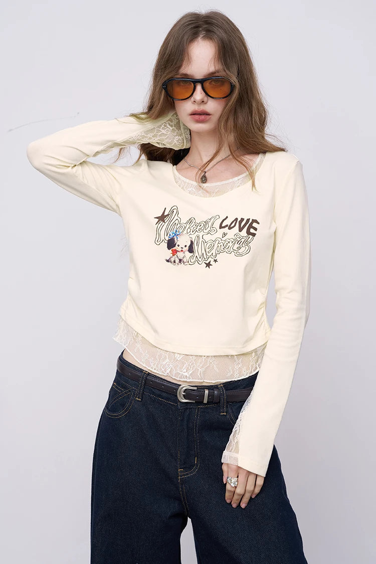 Women's Long Sleeve Graphic Tee with Cartoon Print, Lace Trim Crop Top, Cute Casual T-Shirt for Daily Wear