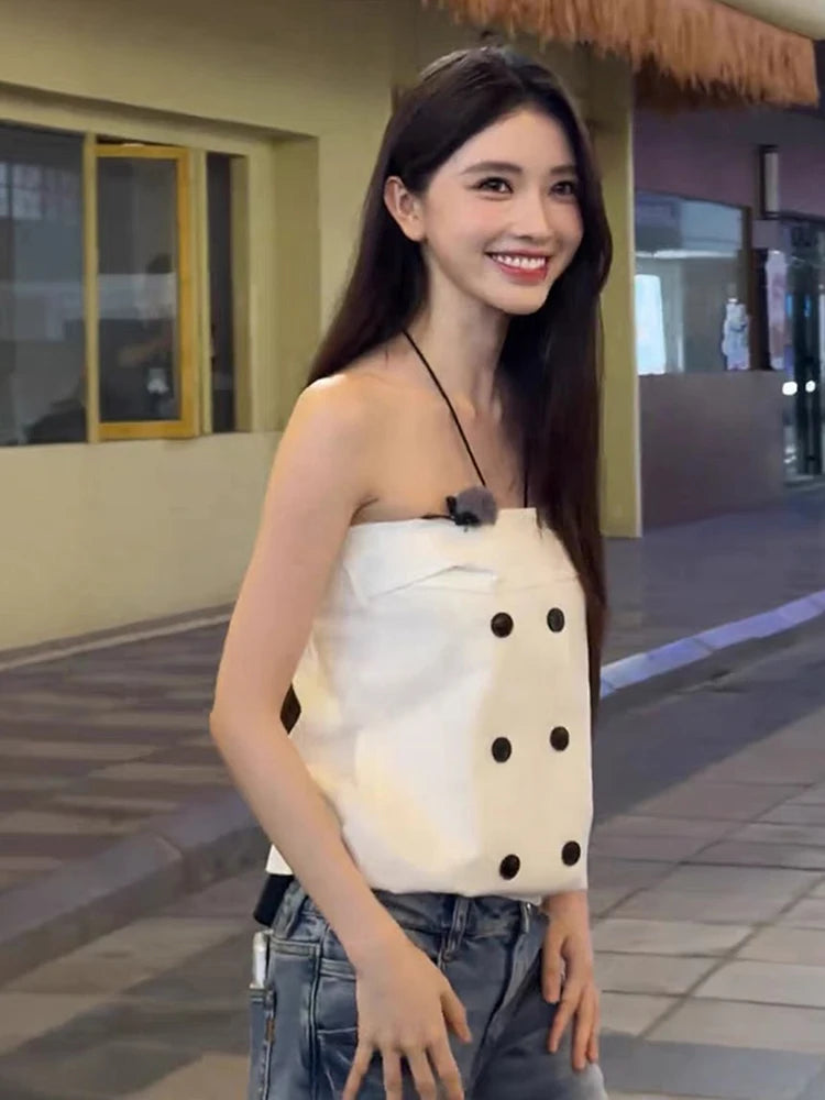 Chest Wrap Double-Breasted Tank Tops Women Square Decoration Classic Music Festival High Street Summer New Trend Outfit