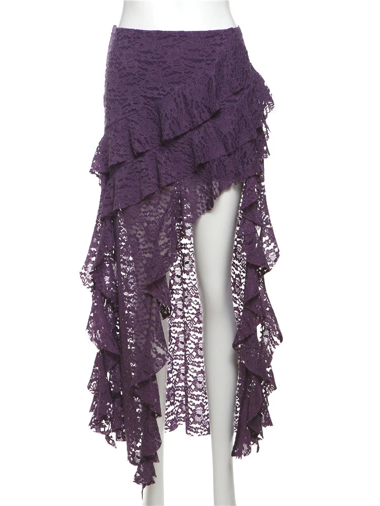 Tassels Women Skirts Chic Irregular Hem Multi-Layered Ruffles Lace Patchwork Summer Trend Skinny Versatile Bottoms