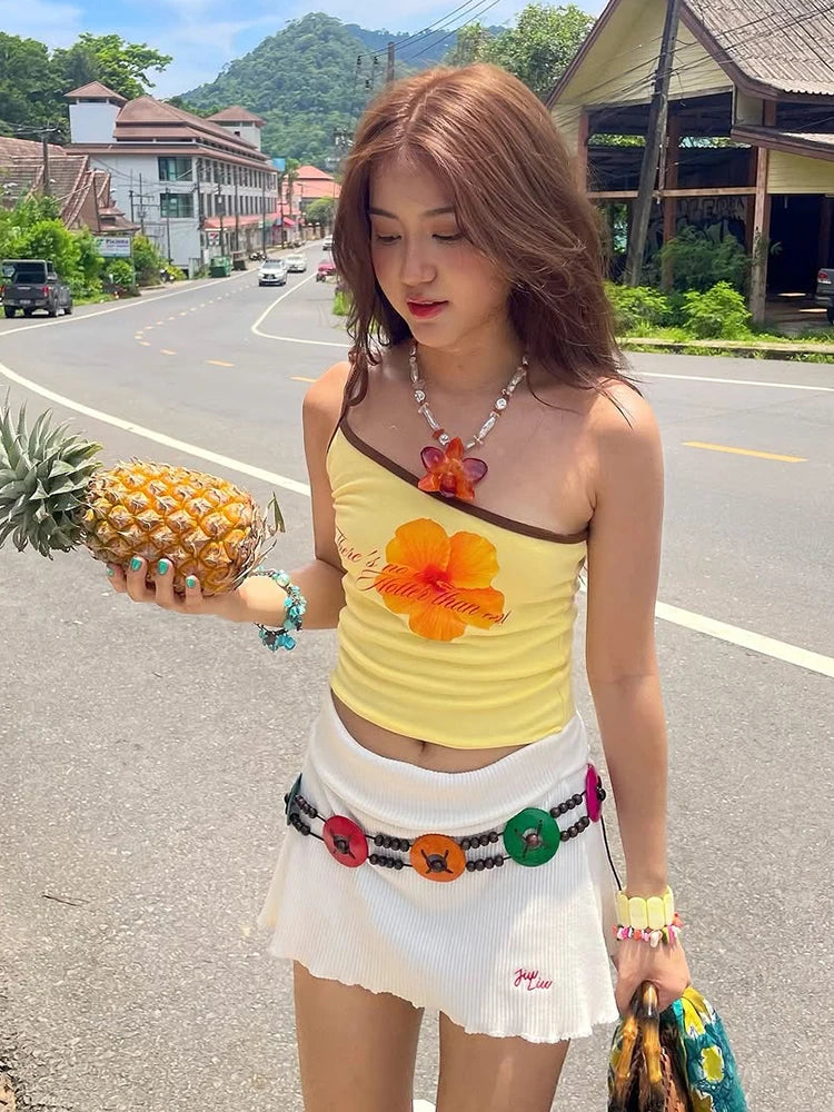 Y2K Sweet Style Tank Tops Women Flower Print Off Shoulder Shirring Backless Vacation Trend Beach Party Skinny Outfits