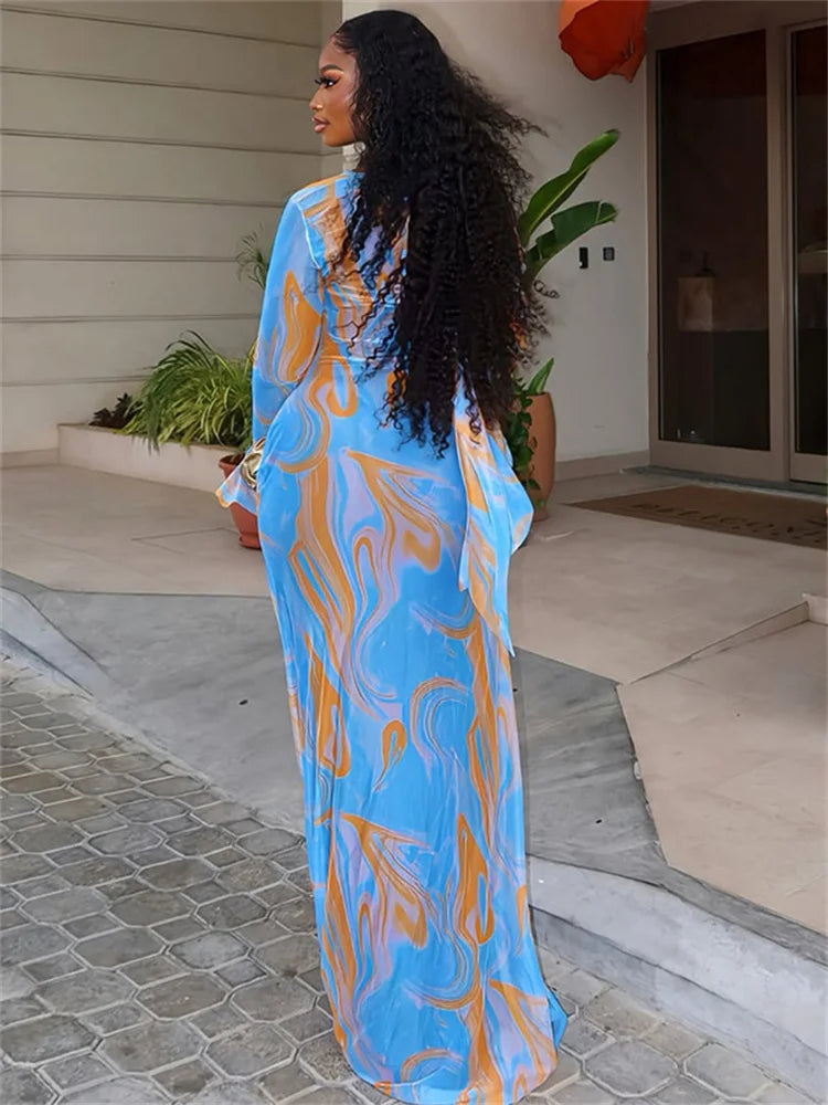 Tie-Dye Print Maxi Dress Women Autumn New Trend Bandage Halter o-Neck Flare Sleeve Street Fashion Elegant Vestidos