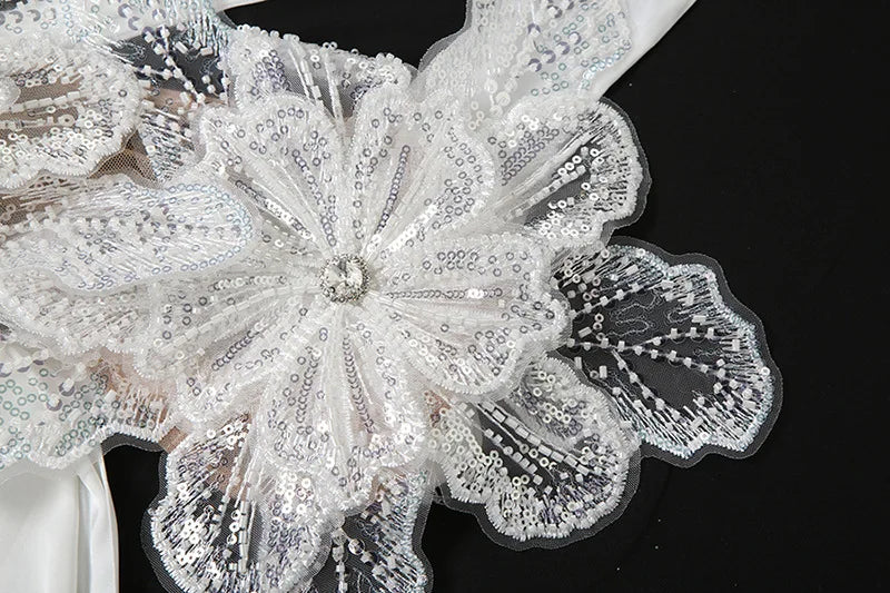 White Sexy 2 Piece Sets Women Party Outfit Sequined 3d Floral-applique Lace-up Crop Top Split Long Skirt Set