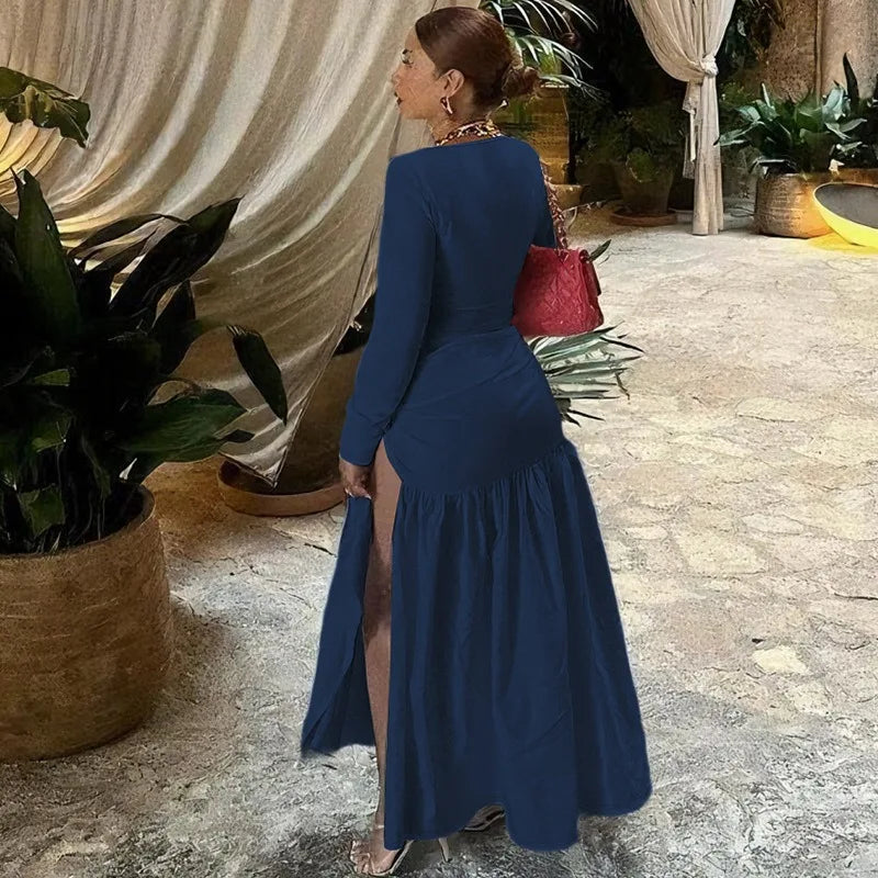 Two Piece Set Long Sleeve Bodysuit Top and Lace-up Skirt Set Blue Outfits for Women Sexy Fall Dresses 2025
