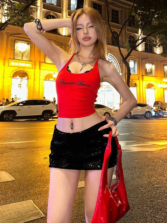 Patchwork Lace Camisole Women Letter Print Skinny Low-Neck Street Sexy Hottie Classic Simple Basic Trend Mini Tops