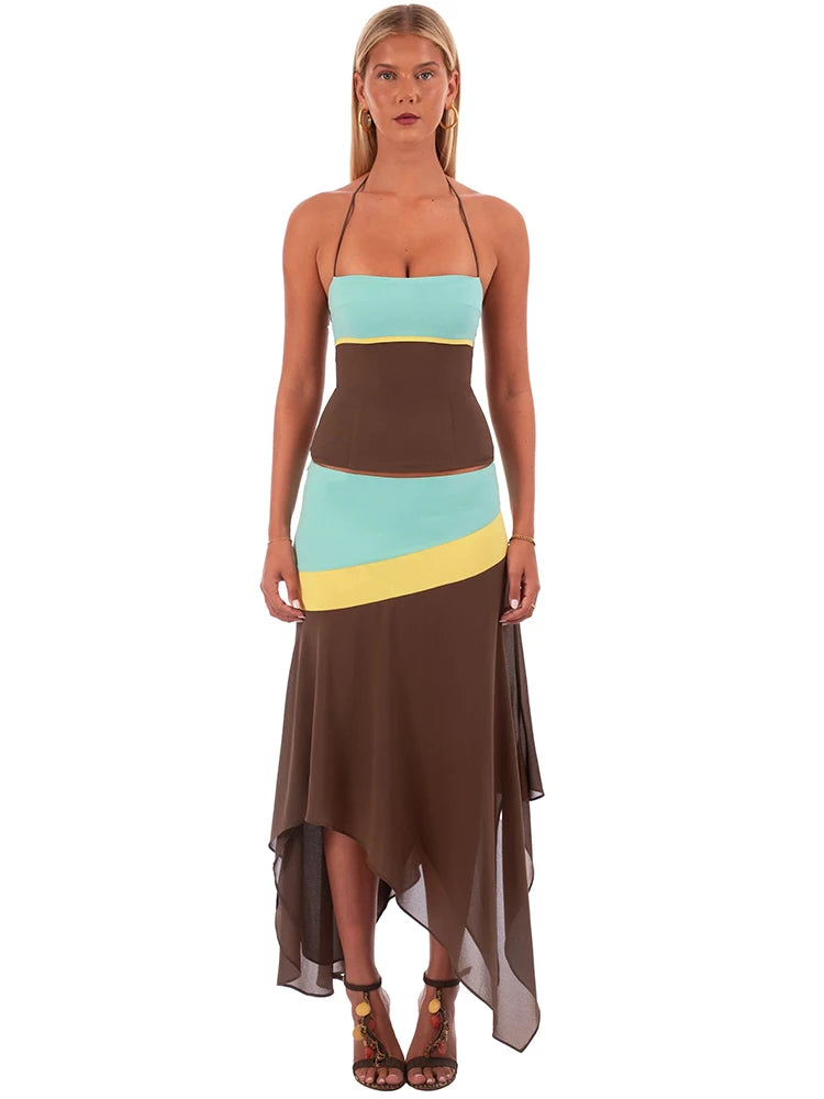 Women Color Block Sexy Two Piece Set Elegant Halter Crop Top And Midi Skirt Matching Sets Asymmetrical Hem Bodycon Set