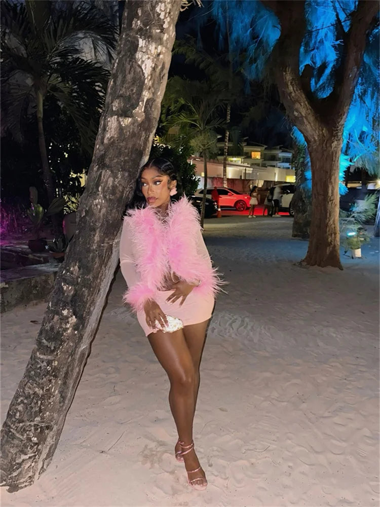 Sexy 2-Piece Set Women Y2K See Through Faux Fur Collar Tops+Mini Peach Hip Skirt Slim Midnight Street Matching Suits