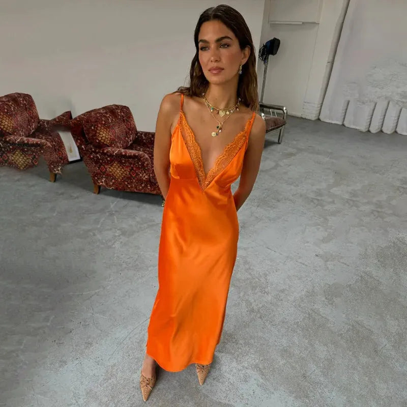 Sexy Deep V Neck Backless Long Dresses Green French Style Satin Dress Elegant Clothes Woman