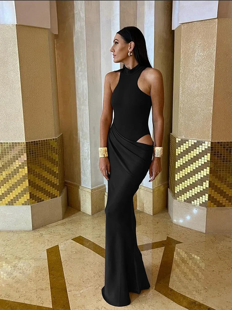 Satin Patchwork Hollow Long Dresses Elegant Woman Clothes Sleeveless Fishtail Maxi Dress