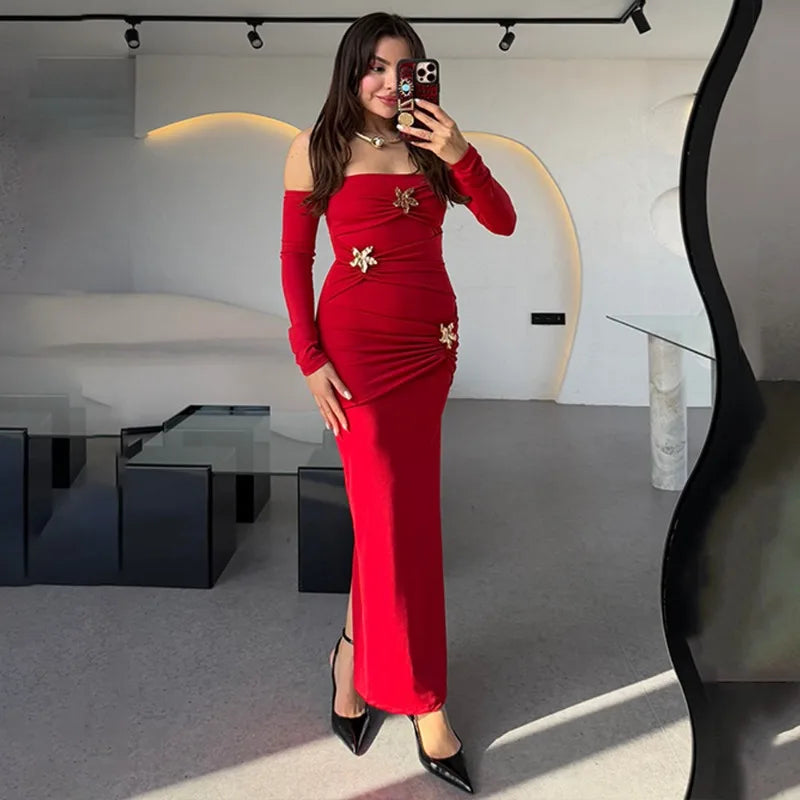 3d Flower Buckle Off The Shoulder Long Sleeve Evening Dress Women Elegant Sexy Birthday Dinner Outfit