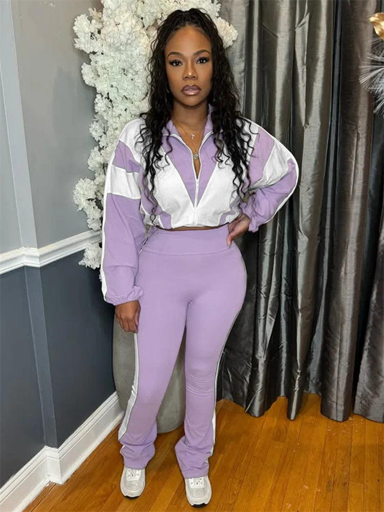 Contrast Patchwork Tracksuit 2 Piece Set Women Zipper Cardigan Jacket+Skinny Pants Casual Fashion Simple Sporty Suit