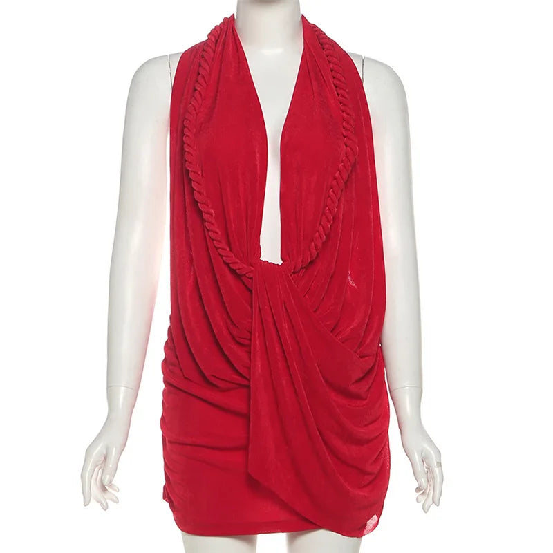Sexy Women Mini Halter Dress Slim Solid Ruched Deep V Neck Open Back Short Bodycon Dresses for Party Clubwear